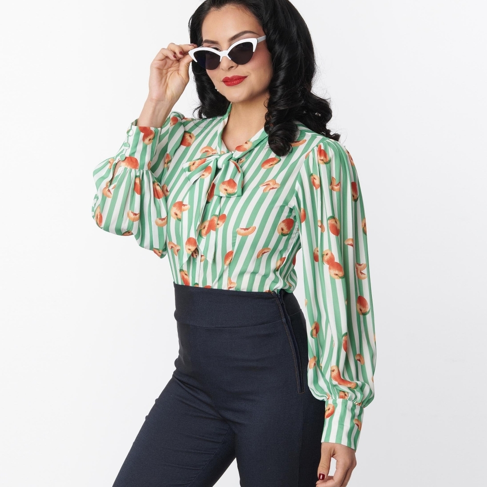 NWT Unique Vintage Green Stripe & Peaches Gwen Blouse